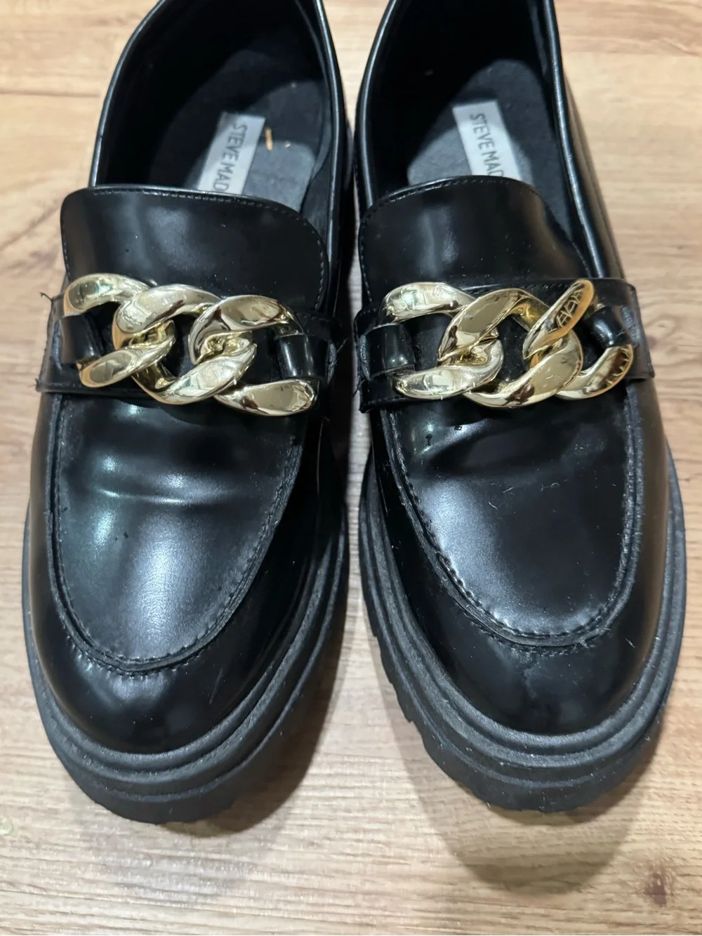 Steve Madden Black Leather Loafers with Gold Chain Accent